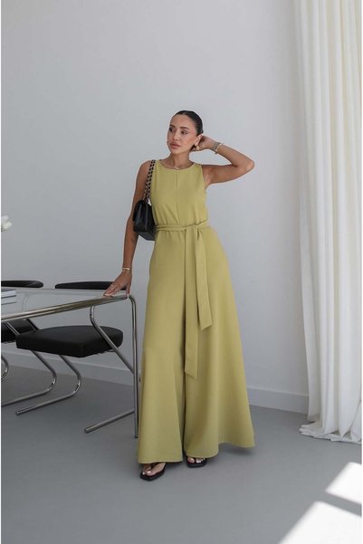 Oil Green Belted Zero Sleeve Jumpsuit