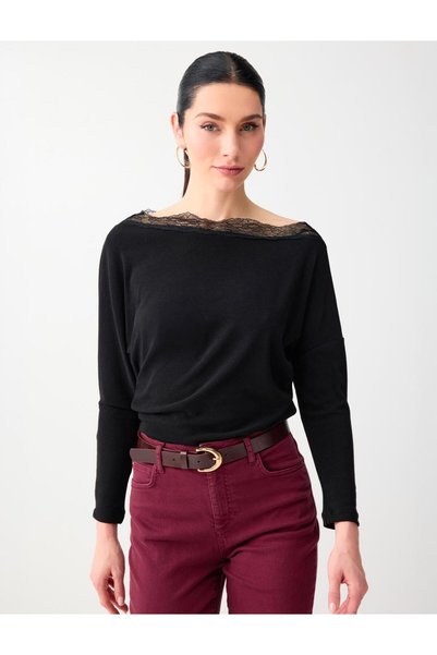 Black Boat Neck Long Sleeve Knitted Blouse with Lace Detail