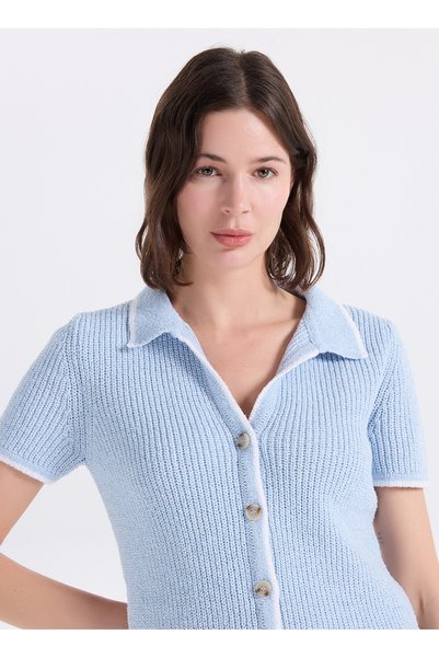 Blue Women's V Relaxed Plain Knit Cardigan J6Sl-Hrk7053