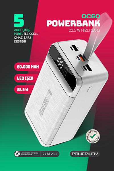 60.000 Mah Pd 22.5w жичен 3.0 брзо полнење, вистински 60.000 Mah загарантиран, со светло Qc60 бел Powerbank