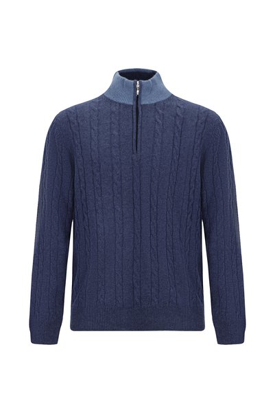 Half Turtleneck Regular Fit Patterned Zippered Cashmere Knit Sweater