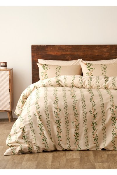 100% Cotton Satin Flora Double Duvet Cover Set Beige (200X220 cm)
