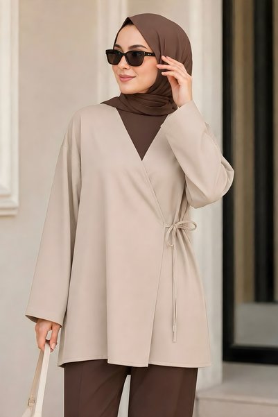 Beige Double-Breasted Collar Side Tie Summer Kimono Tunic