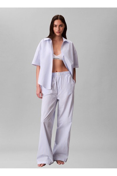 Blue Women's Standard Fit Striped Pajama Top Relaxed Poplin Ss Shirt