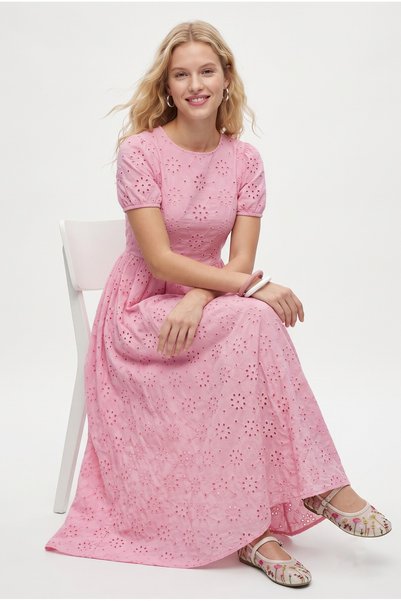 Women's Blair Scallop Embroidered Lined Short Sleeve Long Woven Pink Dress