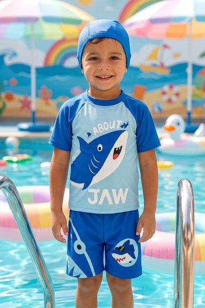 Short Sleeve Top and Tights Young Boys' Swimsuit 26716 Cobalt Blue
