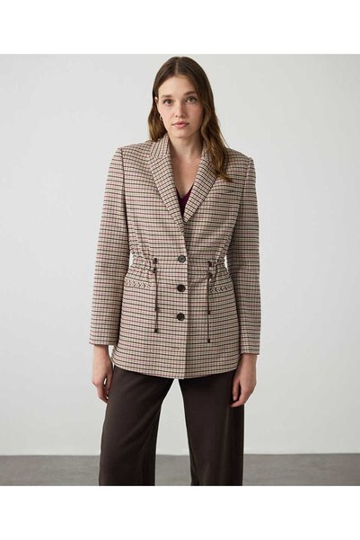 Plaid pattern adjustable waist blazer