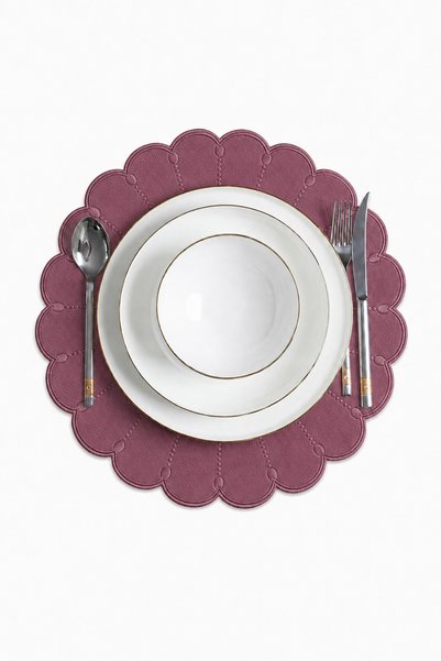 Embroidered Leather American Service Set of 2 Double-Sided Round Plates 40X40 cm Almada Burgundy