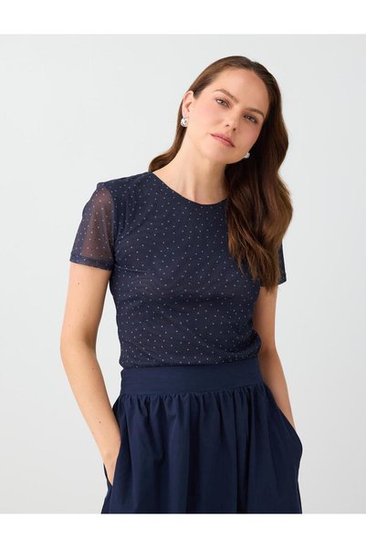Navy Blue Polka Dot Patterned Short Sleeve Mesh Blouse