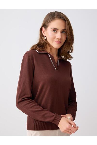 Brown Long Sleeve Polo Neck Knitwear Blouse