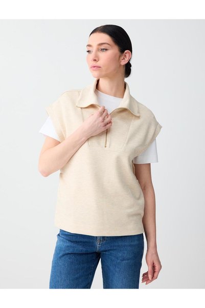 Beige Melange Relaxed Fit Mock Neck Off-Shoulder Knitted Sweatshirt