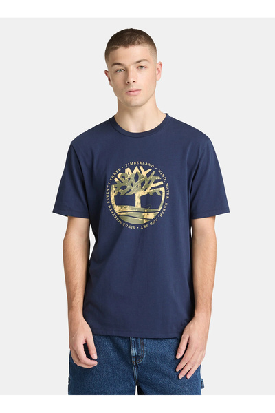 B0A5Mvr4511-R Tree Logo Lake House Graphic Tee Men's T-Shirt Navy Blue