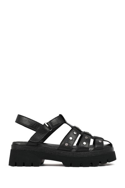 Women's Black Strappy Thick-Soled Leather Sandals 26Sfd207418