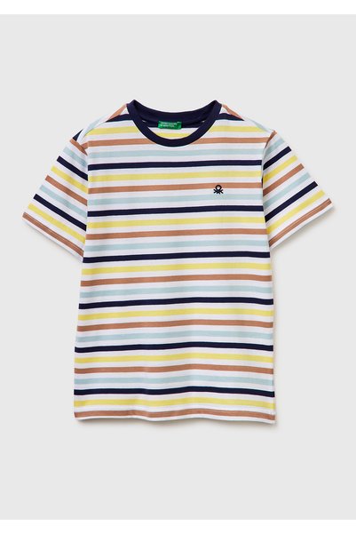 Boy's Colorful Mix Multi-Color Logo Embroidered Striped T-Shirt