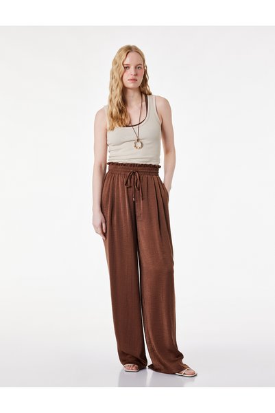 Elastic Waist Tied Waist Aerobin Satin Palazzo Trousers with Pockets