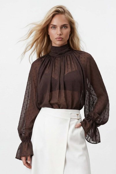 Coffee Polka Dot High Neck Cape Cut Princess Sleeve Chiffon Blouse Alc-X14853