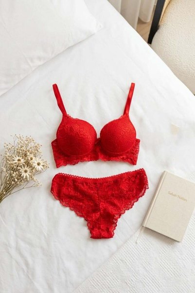 Lace Supported Bra Set Red