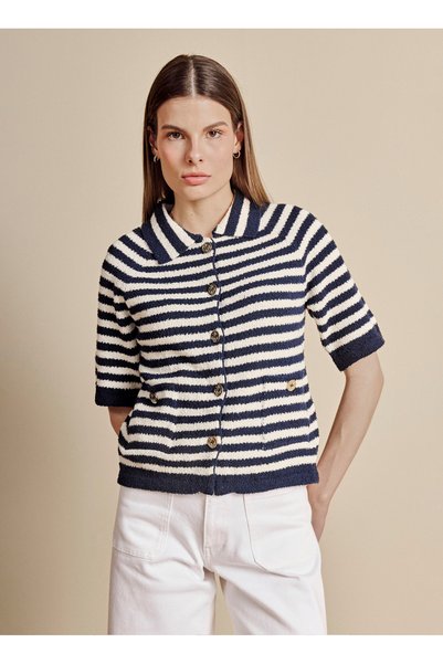 Navy Blue Women's Polo Collar Standard Fit Knitwear Jacket Bbss26Fkj003