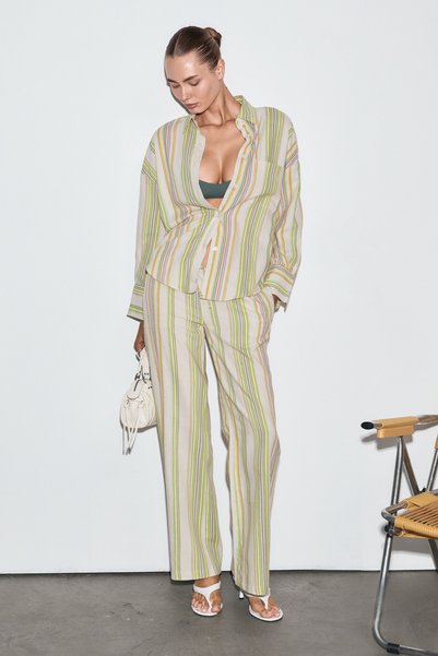 Tulipa women's linen blend tie-waist print detail relaxed fit ecru striped pants