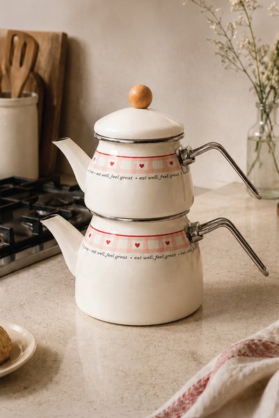 Special Series Wooden Handle Cutie Enamel Teapot Set with Heart Pattern