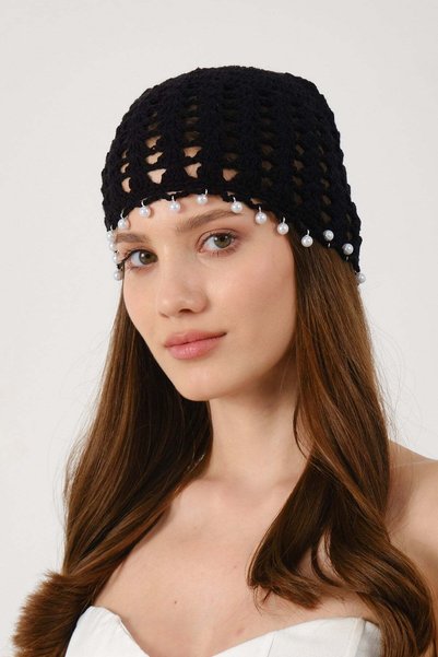 Pearl Detailed Perforated Summer Knitted Beanie Y8252 Black