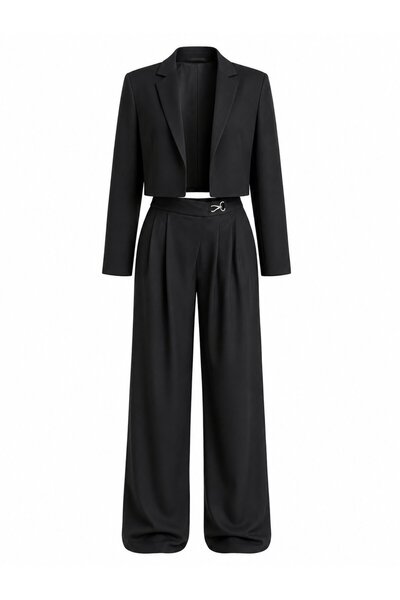 Black Elastic Waist Jacket and Trousers Set - Tk9689