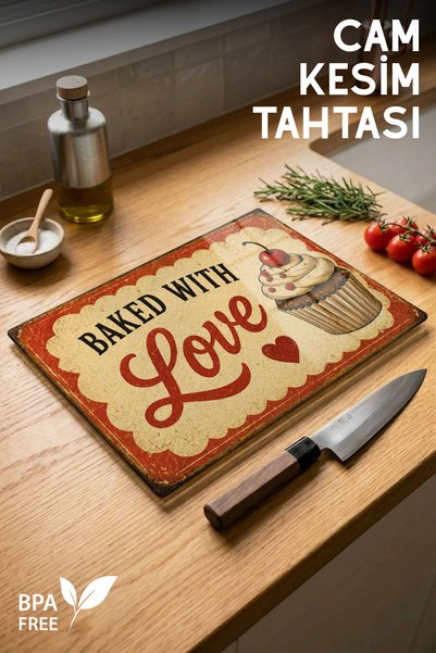 Baked with Love Patterned Glass Cutting Board - 25X35Cm - Durable and Practical Cutting Mat