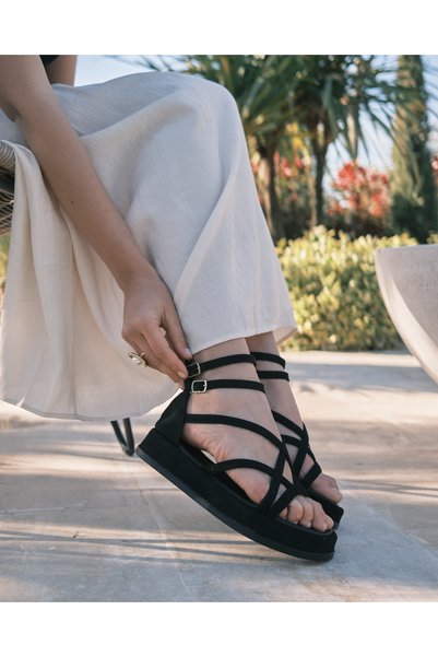 Women's Black Suede Comfortable Cross-Strapped Double Belt Sandals