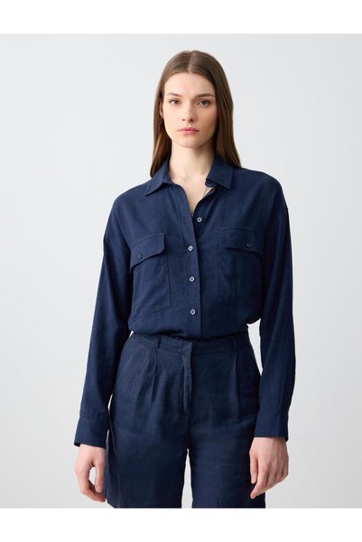 Navy Blue Long Sleeve Pocketed Woven Linen Blend Shirt