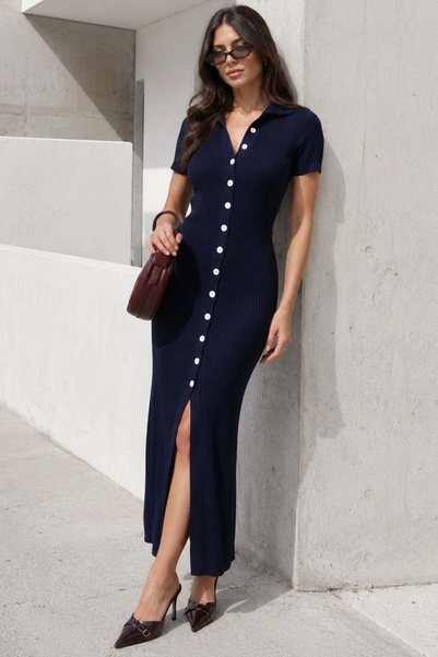 Navy Blue Buttoned V-Neck Long Knitwear Dress Mg2078