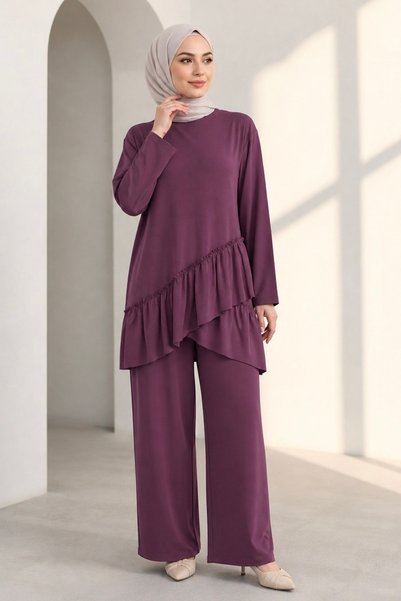 Plum Skirt Ruffled Tunic Pants Modal Set