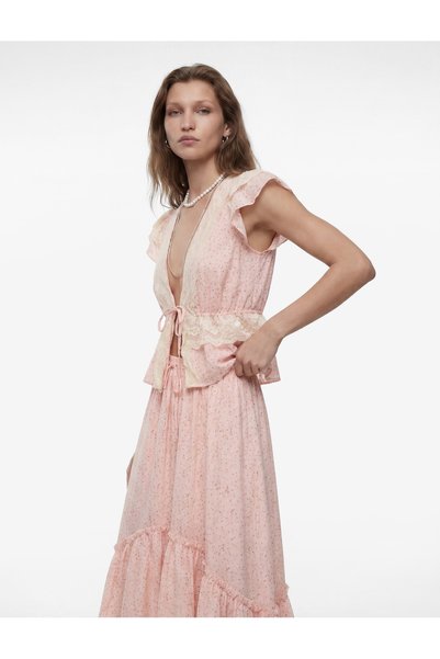 Front Tie Detail Sleeveless Ruffle Detail Lace Chiffon Blouse
