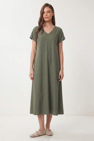 V-Neck Summer Flowy Viscose Dress Len0022 Khaki