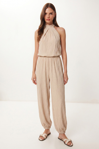 Halter Neck Blouse Pants Crinkle Set Lfw0027 Cream