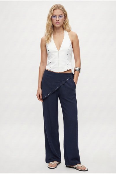 Women's Destini Scarf Detailed Woven Navy Blue Trousers with Elastic Waist