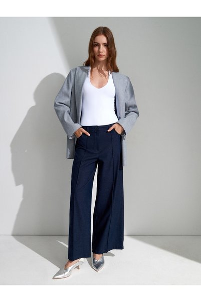 72728 Linen Blend Wide Leg Trousers-Navy Blue