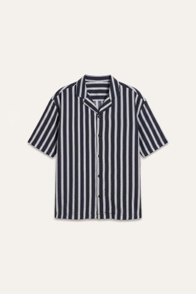 Boxy Fit Apaş Collar Printed Striped Short Sleeve Shirt G4141Ax26Au