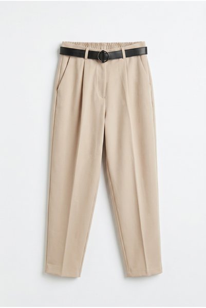 Women's Slim Fit Elastic Waist Pleated Belted Carrot Cut Fabric Trousers El-9041