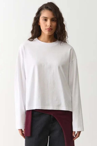 Ecru Basic Crew Neck 100% Cotton Long Sleeve T-Shirt Mg2889