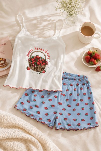 Women's Thin Strap Patterned Cotton Shorts Pajama Set