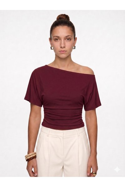 Women's Open Collar Stretch Fabric Waist-Fitting Blouse Burgundy