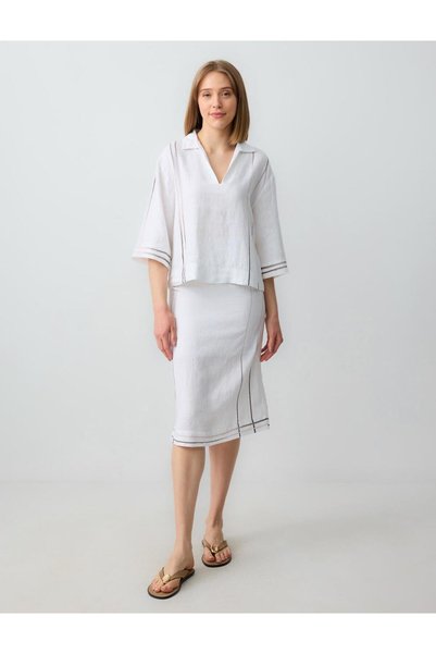 White 100% Linen Normal Waist Line Patterned Midi Skirt