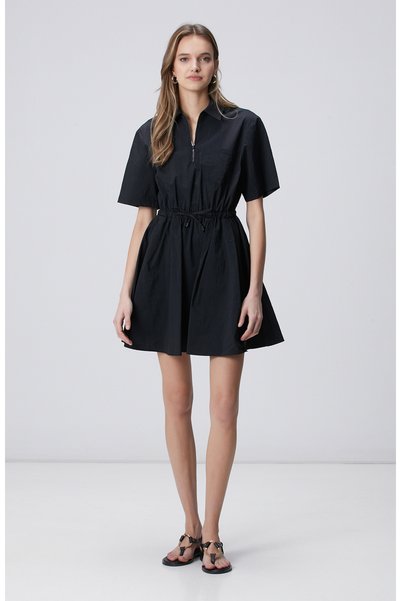 Black Gathered Short Sleeve Zipper Collar Mini Dress