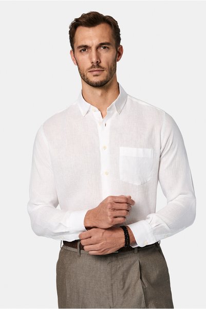 Long Sleeve Regular Fit Buttoned Collar Pocketed Linen Shirt