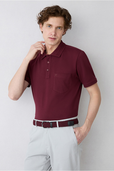 Non-Curling Polo Collar Regular Fit Cotton T-Shirt with Pockets and Ribbed Detail
