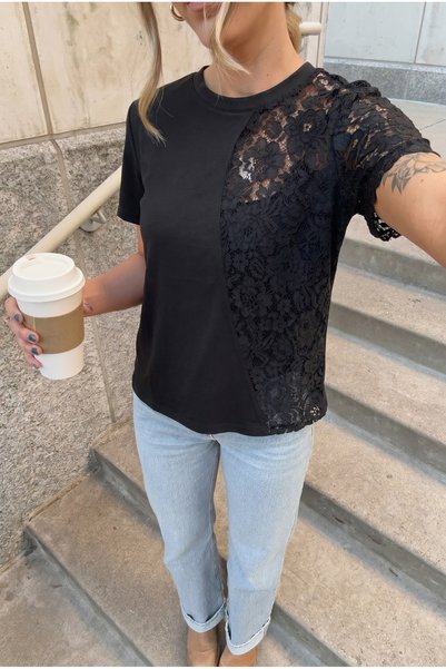 Black Lace Detailed 100% Cotton T-Shirt
