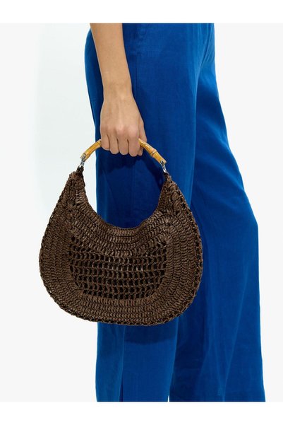 Women's Bamboo Detailed Straw Hobo Bag