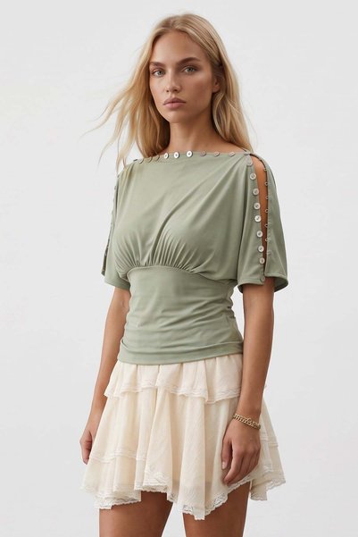 Mint Boat Neck Buttoned Sandy Blouse Alc-X15536