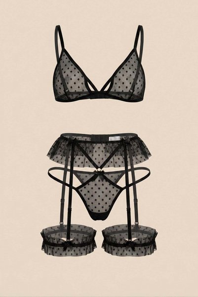 Polka Dot Detail Transparent Garter Set of 4 Black
