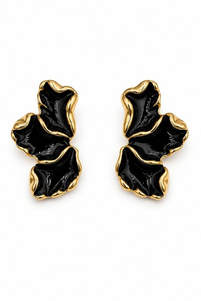 Women's Black Enamel Steel Earrings - Yellow Plated Floral Design